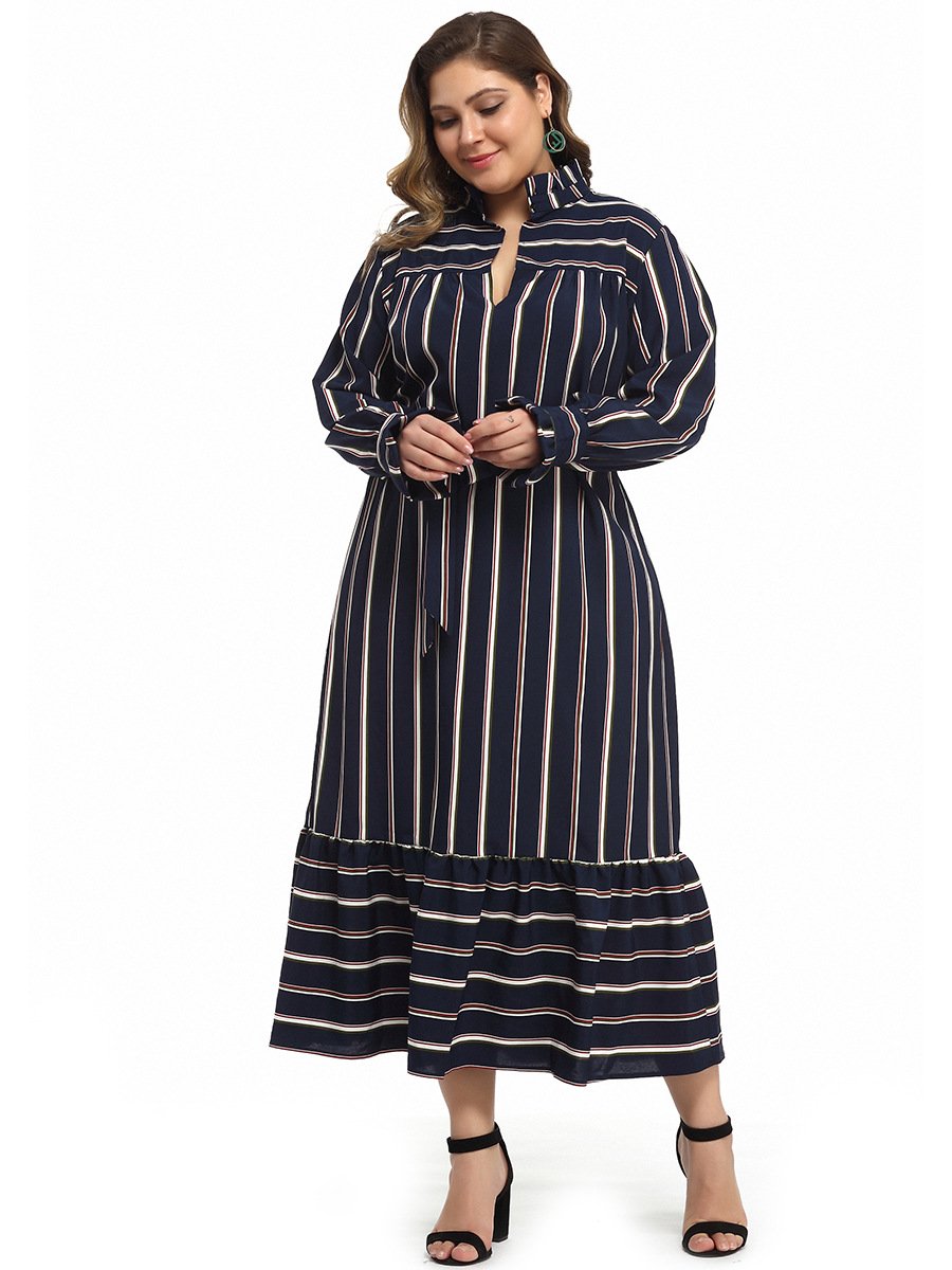 Stripe V-neck Belt Casual Maxi Dress