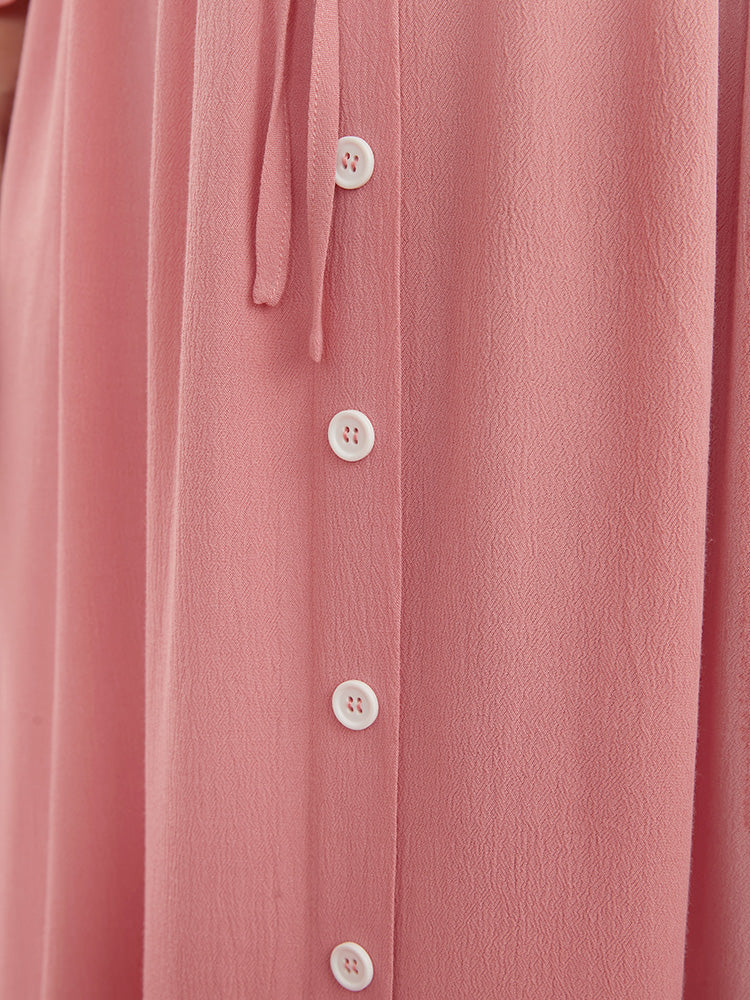 Solid Button Detail Ties Up Pocket Ruffle Trim Maxi Dress