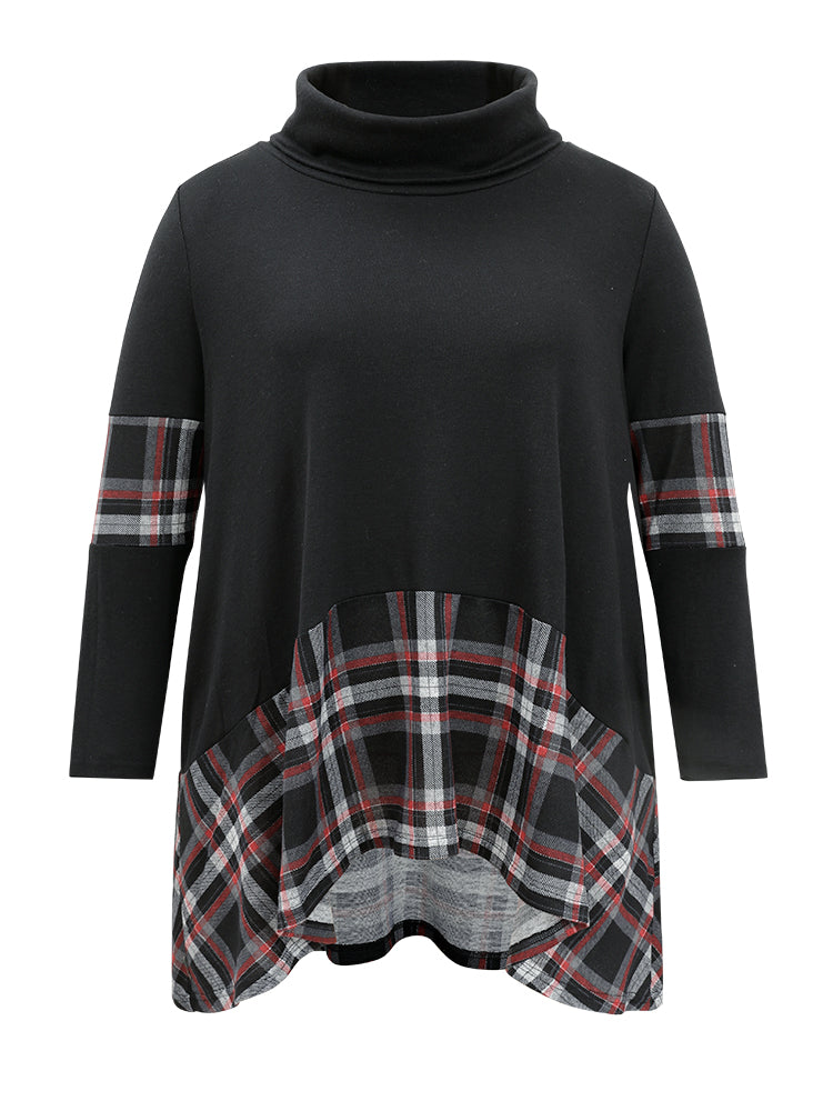 Plaid Patchwork Asymmetrical Hem Pocket T-shirt