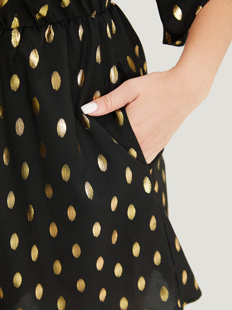 Polka Dot Glitter Flounce Sleeve Pocket Romper