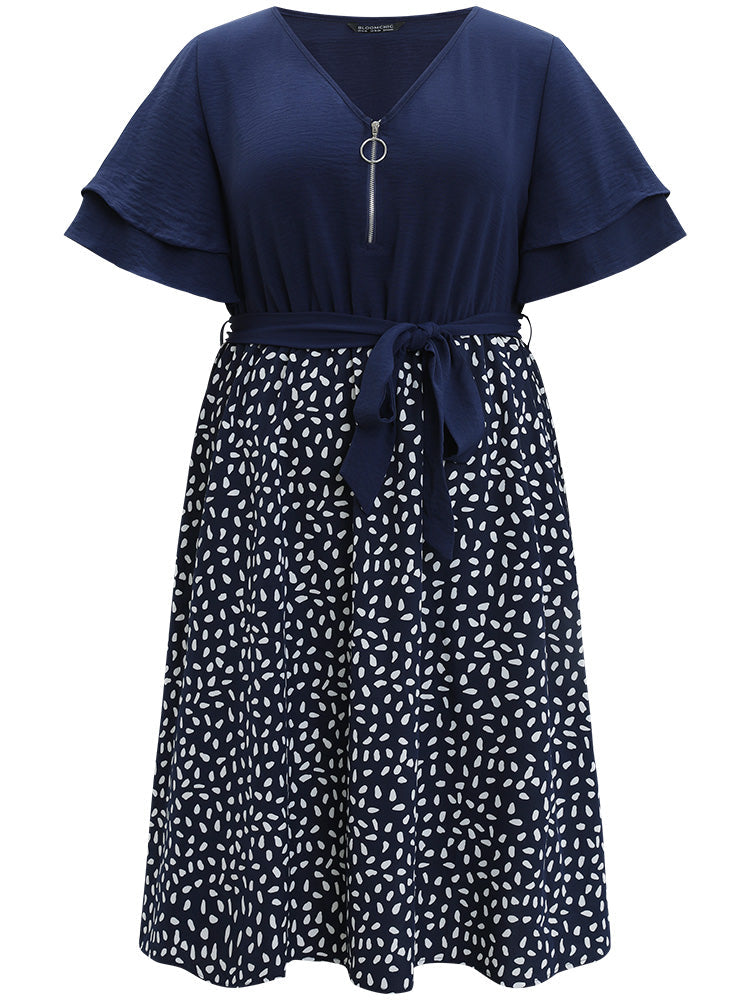 Water Drop Print Patchwork Ruffle Zipper Belted Dress