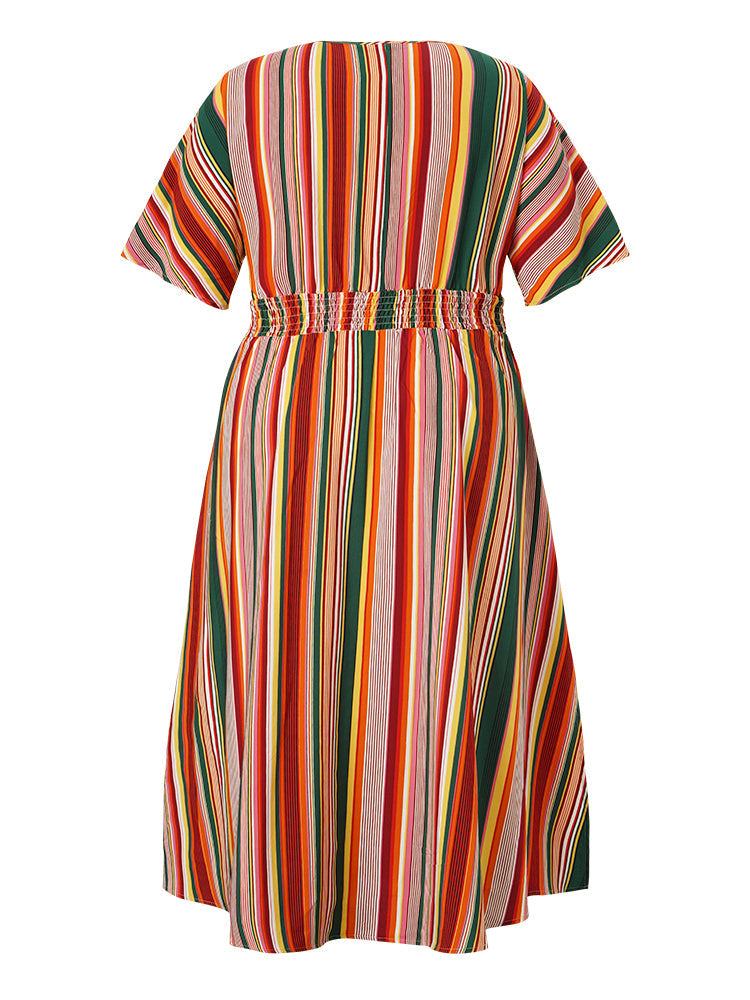 Striped Contrast Shirred Split Button Detail Pocket Dolman Sleeve Dress