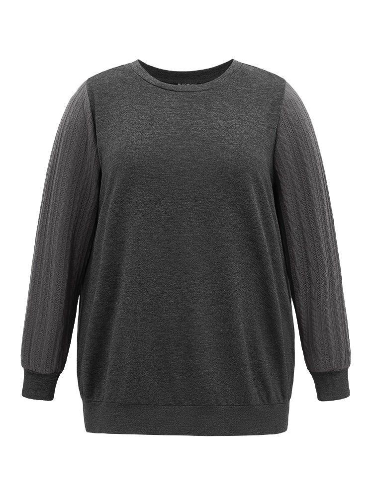 Solid Cable Knit Crew Neck Sweatshirt