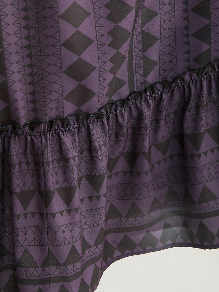 Geometric Print Lantern Sleeve Pocket Belted Flutter Dress