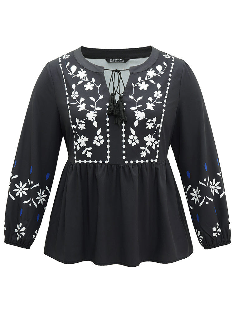 Boho Print Tie Neck Elastic Waist Tassels Blouse