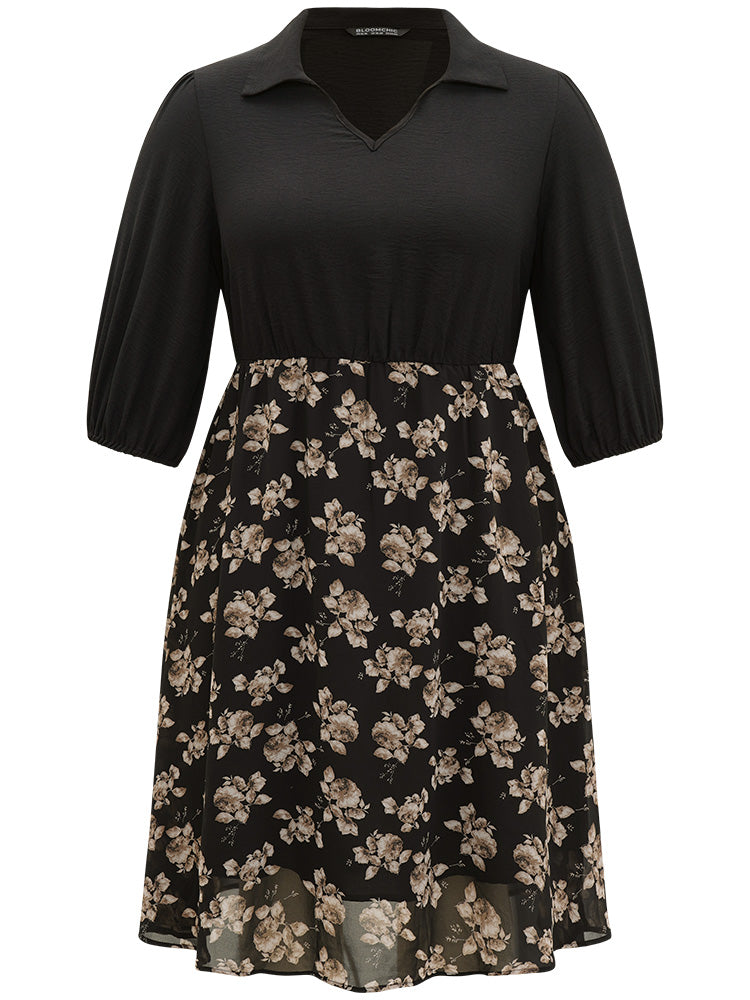 Floral Print Patchwork Shirt Collar Dress