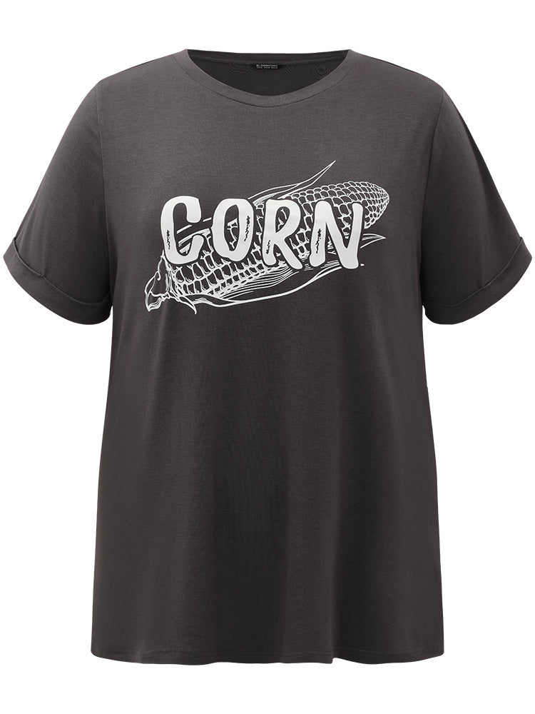 Corn Print Round Neck Roll Sleeve T-shirt