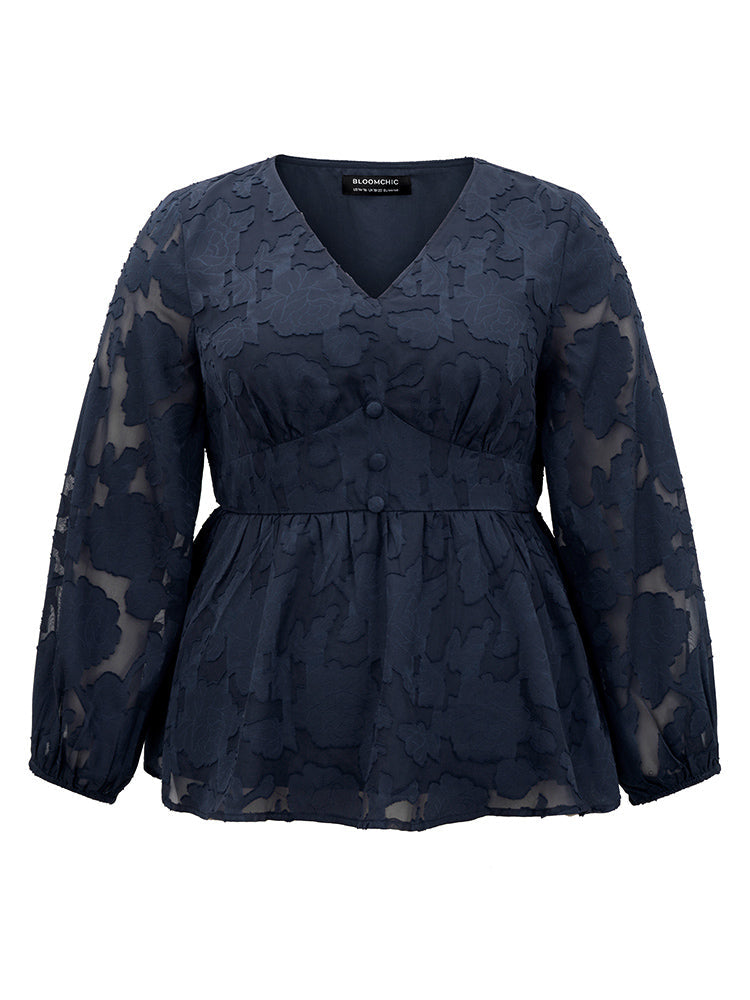 Floral Mesh Elastic Waist Button Detail Blouse