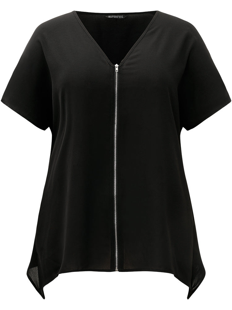 Plain Zipper Curved Hem Blouse