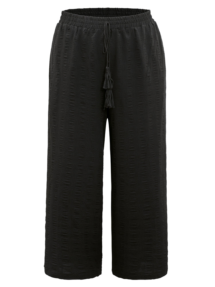 Plain Tassel Knot Pocket Elastic Waist Pants