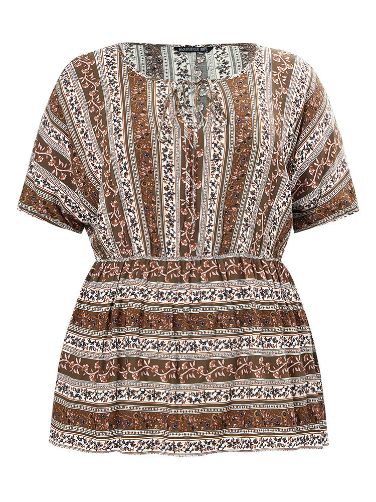 Bandana Dolman Sleeve Keyhole Tie Neck Ruffles Blouse