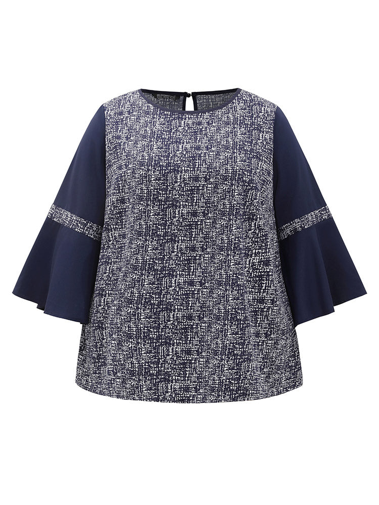 Patchwork Crew Neck Ruffle Sleeve Blouse