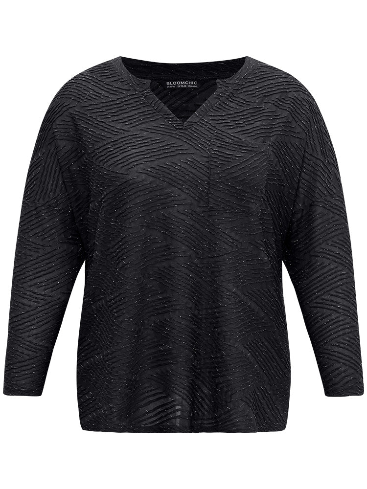 Plisse Solid Notched Long Sleeve T-shirt