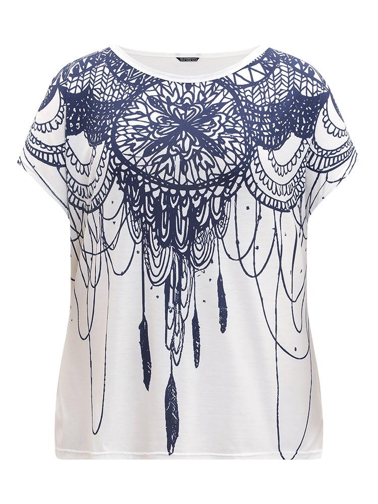 Boho Print Batwing Sleeve Crew Neck T-shirt