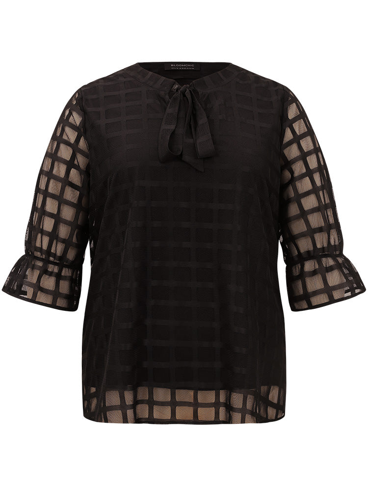 Plaid Knot Neck Mesh Woven Top