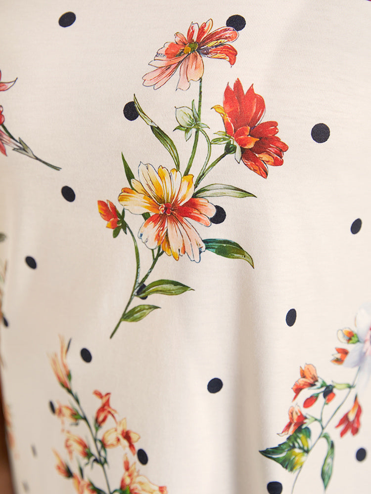 Floral & Polka Dot Round Neck T-shirt
