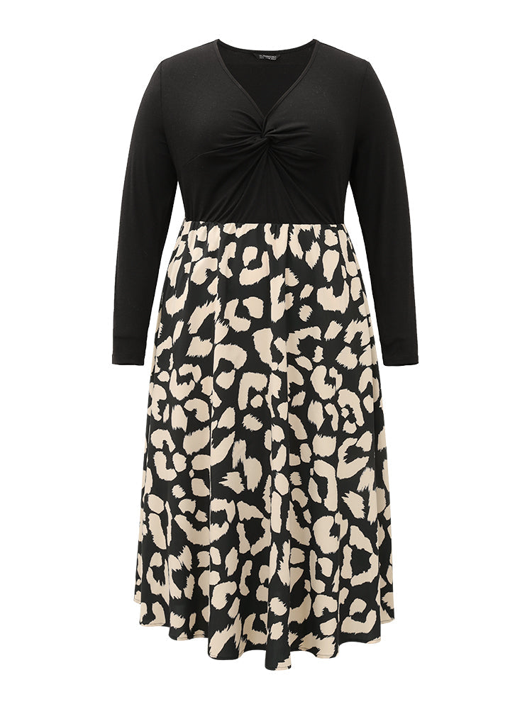 Leopard Patchwork Pocket Twist Front Dress