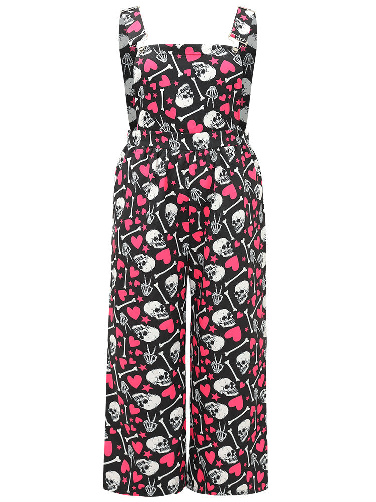 Halloween Skull &Heart Print Pocket Gathered Jumpsuit