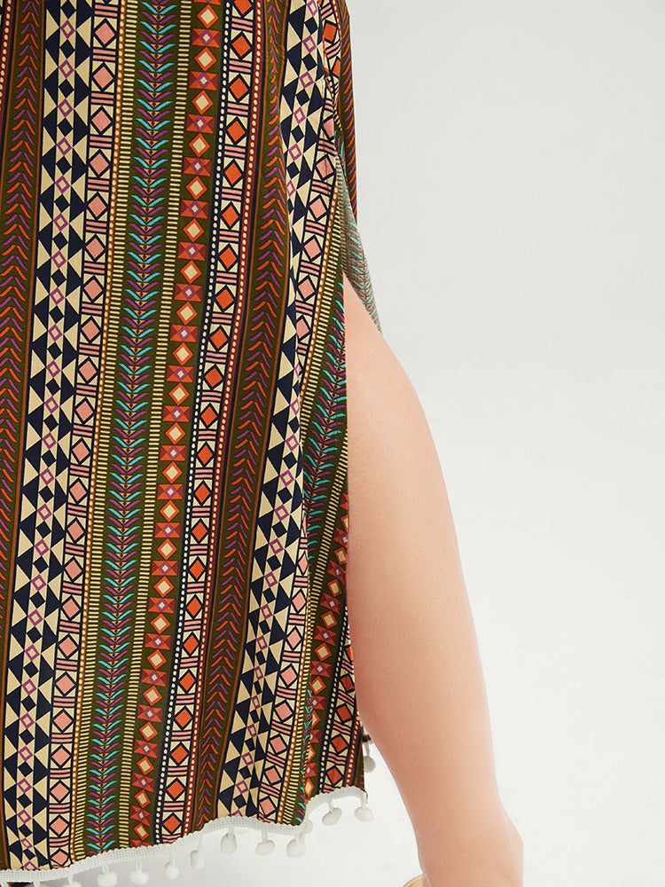 Striped Contrast Cold Shoulder Pocket Pompom Trim Split Ruffles Dress