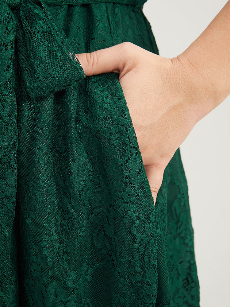 Plain V Neck Pocket Lace Belted Hanky Hem Dress