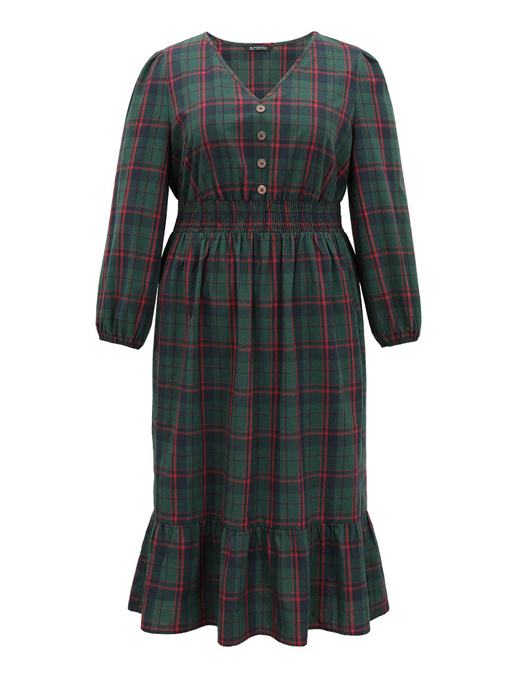 Plaid Shirred Button Detail Ruffle Hem Dress