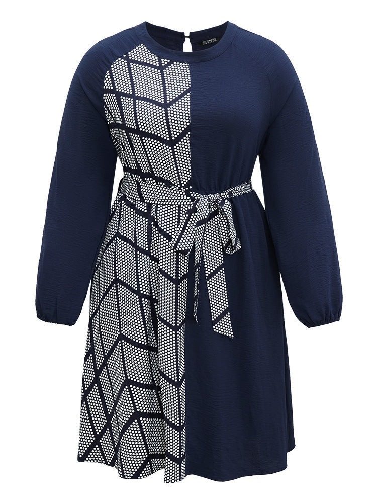 Polka Dot Geometric Patchwork Belted Dress