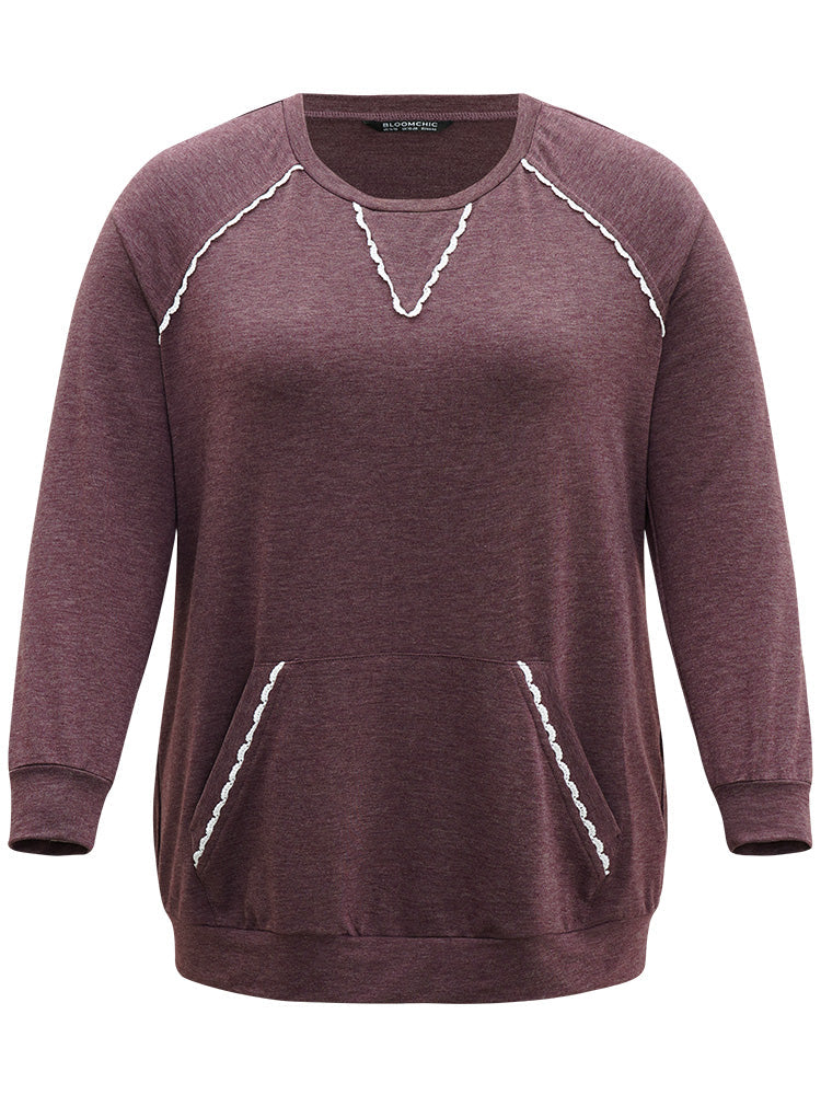 Plain Heather Guipure Lace Raglan Sleeve Pocket Sweatshirt