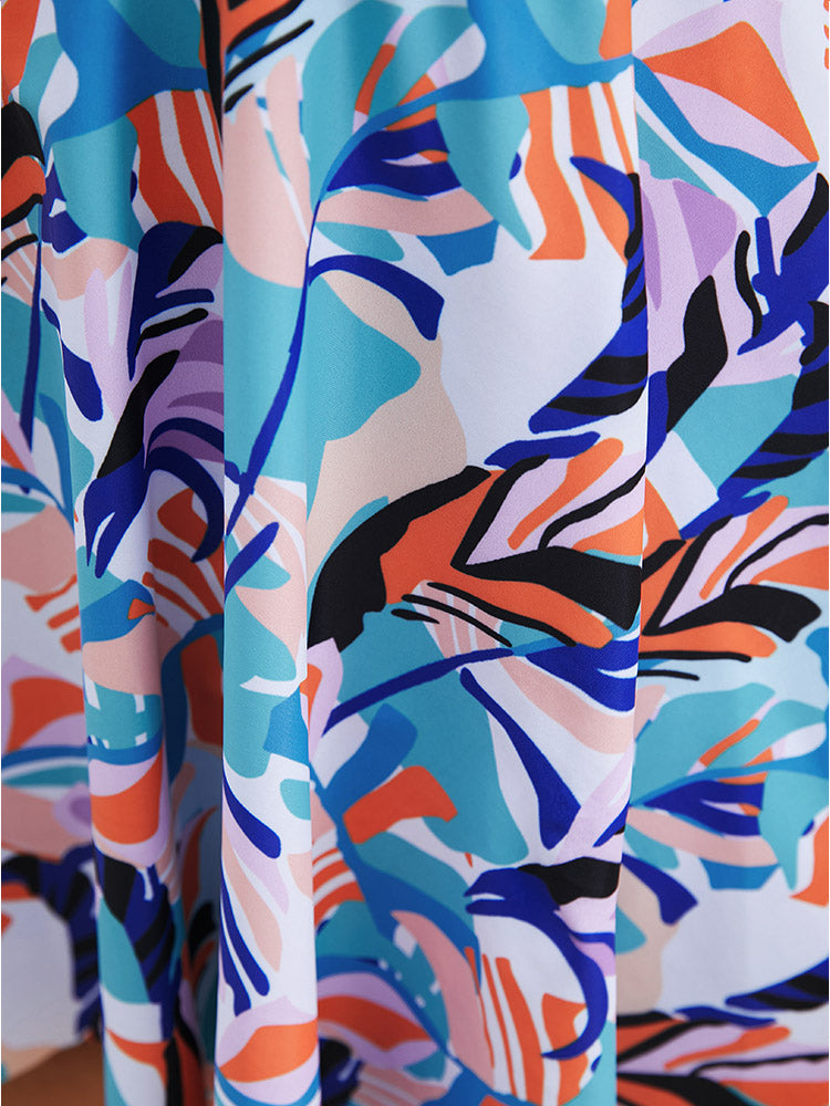 Graphic Print Halter Knot Back Ruffle Hem Tankini Top