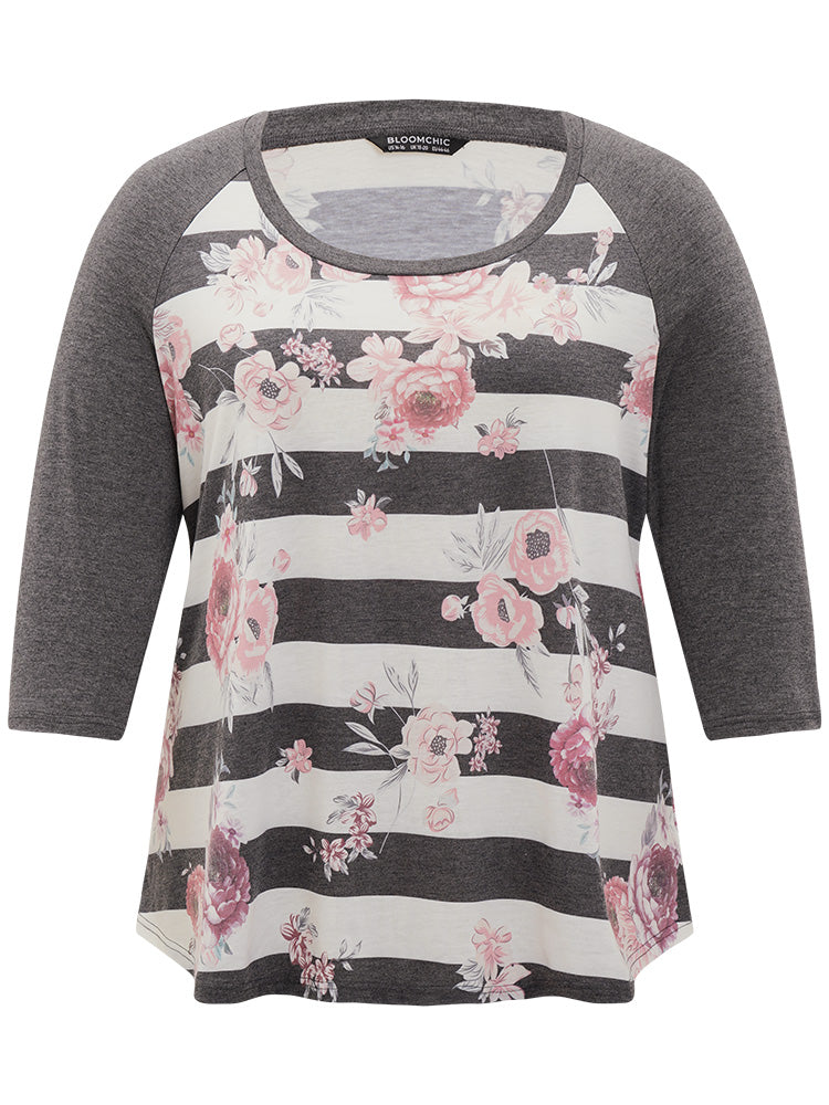 Striped Floral Patchwork Round Neck Raglan Sleeve T-shirt