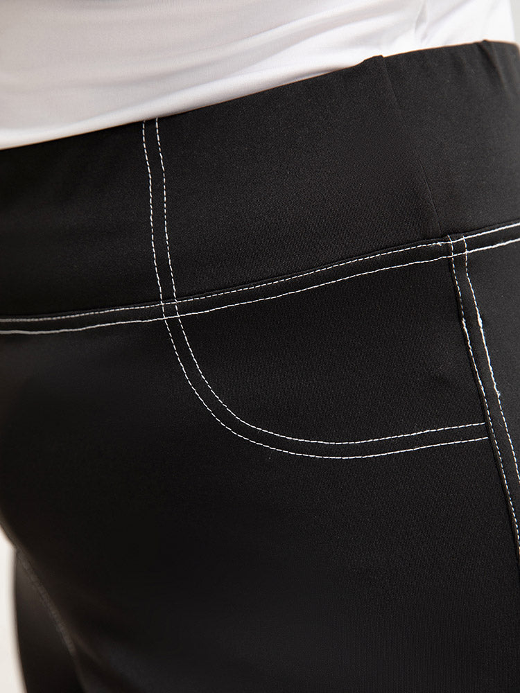 Stitching Trim Wideband Waist Pocket Skinny Leggings