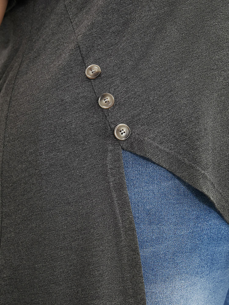 Plain Button Detail Split Asymmetrical Hem T-shirt