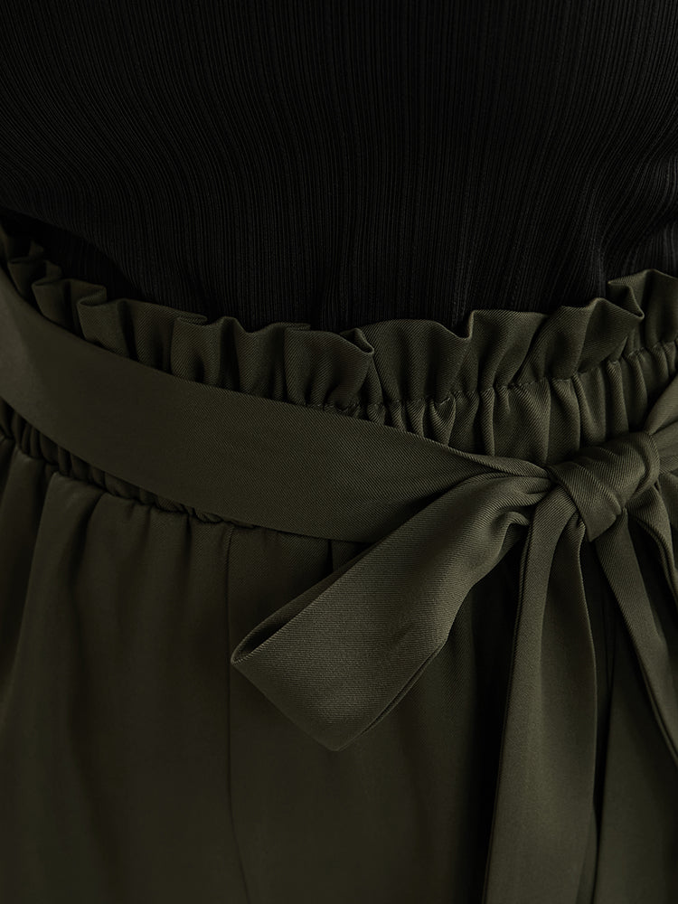 Solid Pocket Paperbag Waist Belted Pants