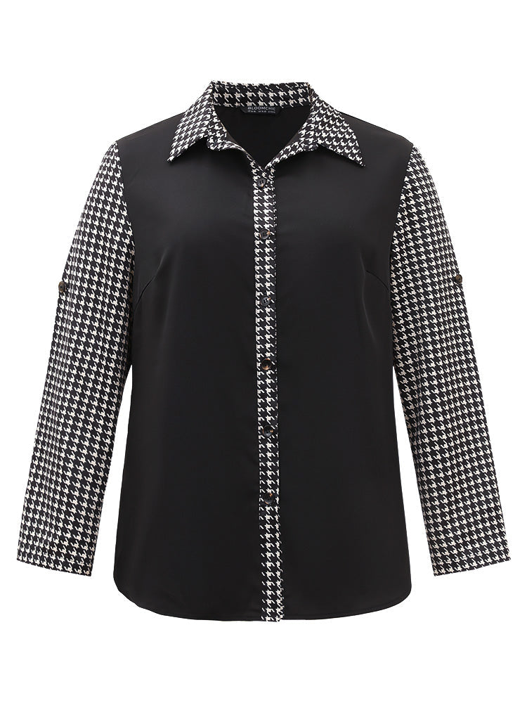 Twill Houndstooth Tab Sleeve Patchwork Blouse