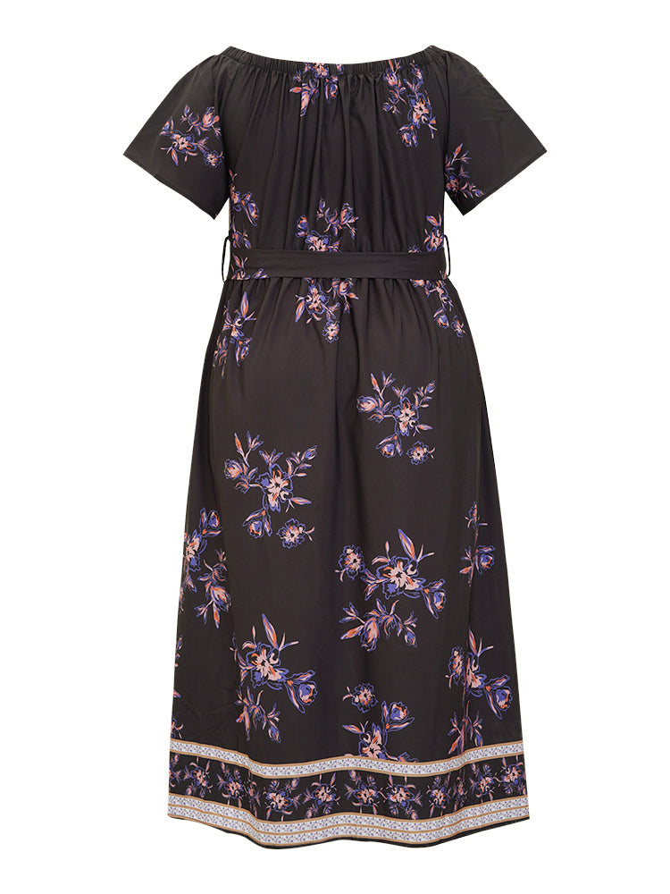 Floral Print Pocket Ruffle Sleeve Belt Flutter Off Shoulder Dress