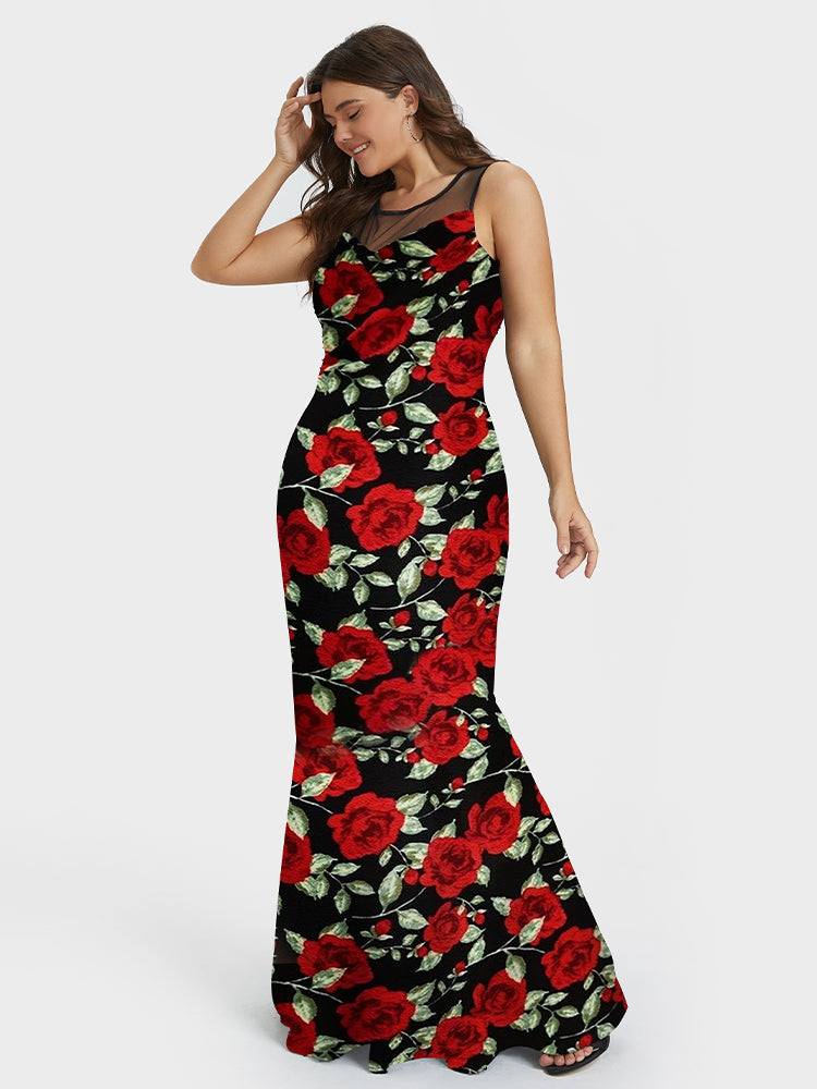 Floral Contrast Mesh Bodycon Dress