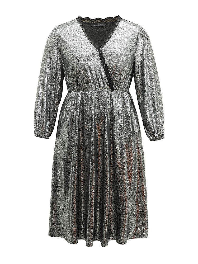 Glitter Contrast Lace Wrap Elastic Waist Dress