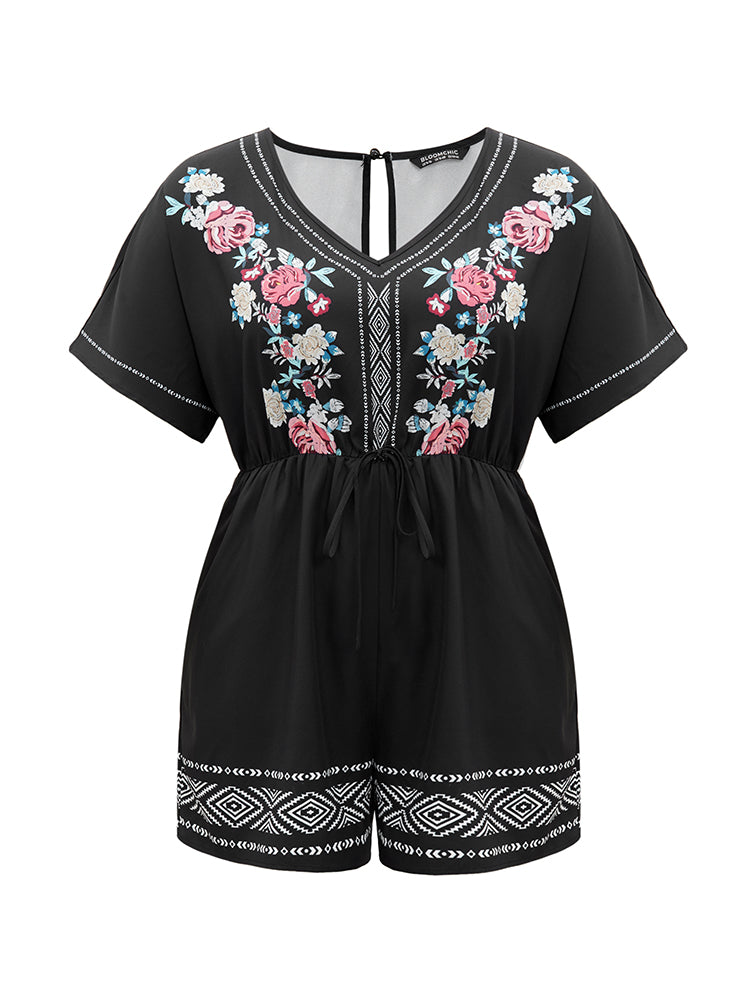 Boho Print Pocket Drawstring Dolman Sleeve Romper