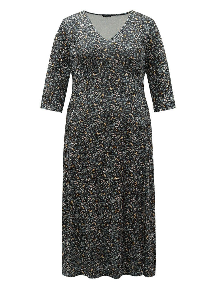 Velvet V Neck Ditsy Floral Split Hem Dress