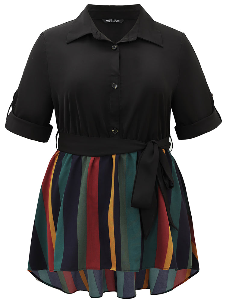 Colour Striped Patchwork Belted Tab Sleeve Blouse