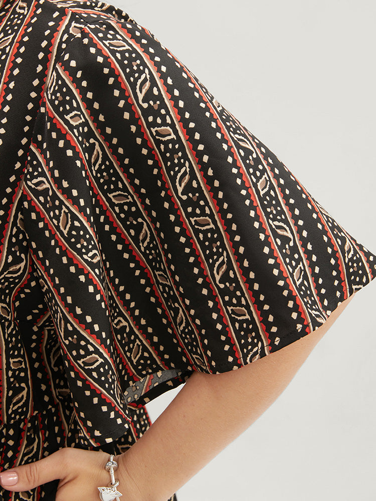 Striped Geometric Keyhole Pocket Tie Neck Flutter Hem Dress