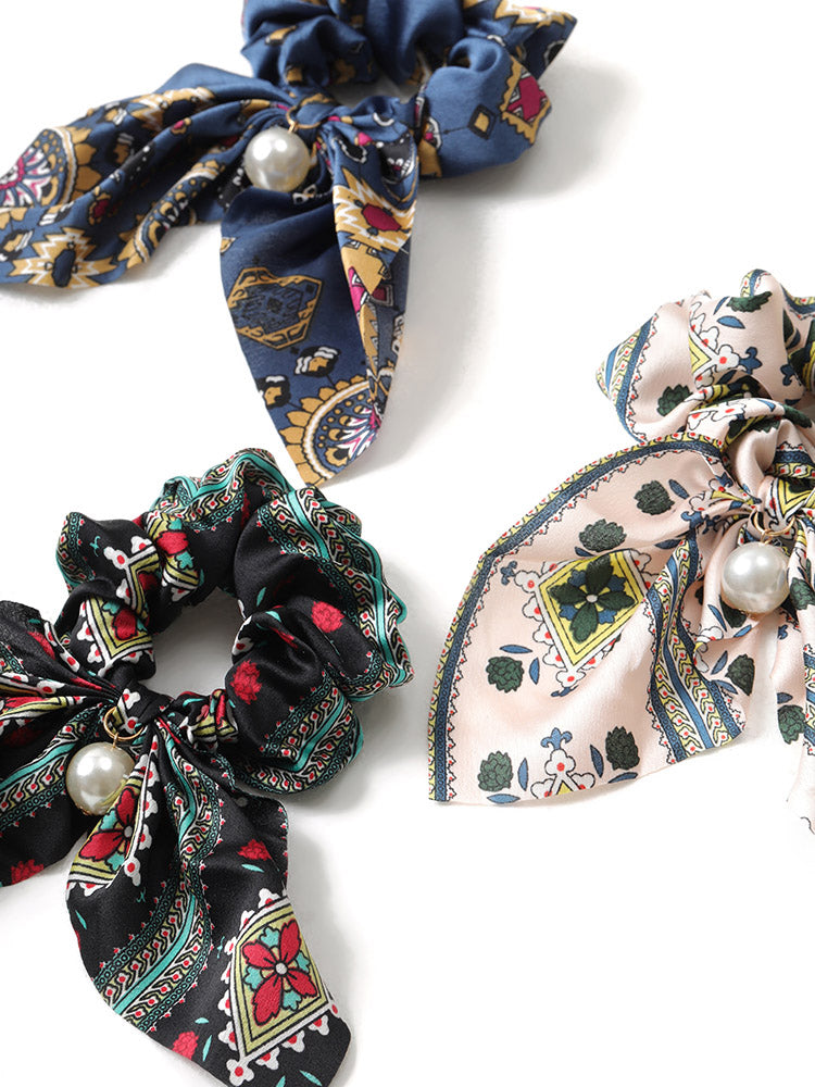 3pcs Chiffon Bowknot Pearl Beaded Hair Ties