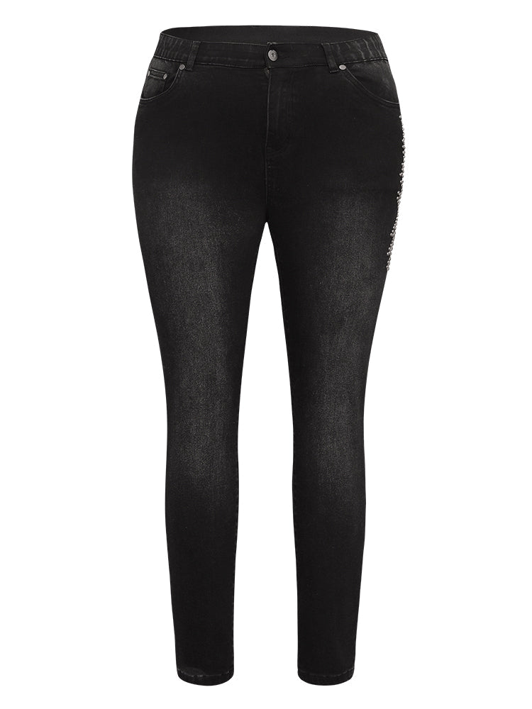 Beaded Detail Pocket Very Stretchy Black Wash Jeans