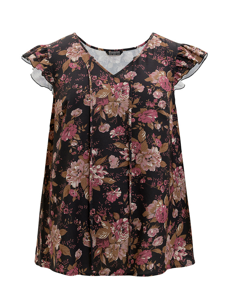 Floral Print Tie Neck Flutter Trim Tank Top