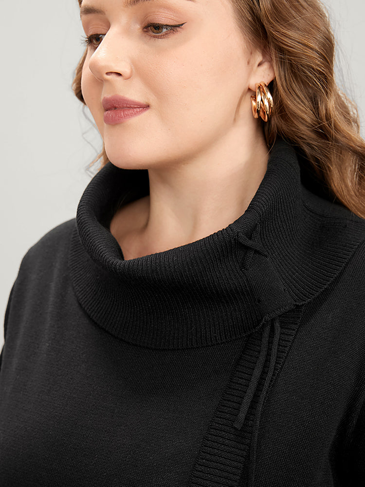 Solid Super Soft Knit Tie Funnel Neck Knit Top