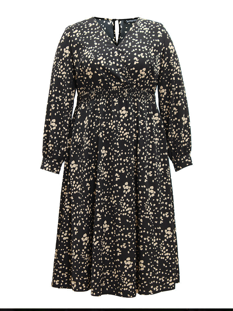 Graphic Two Tone Shirred Surplice Neck Dress