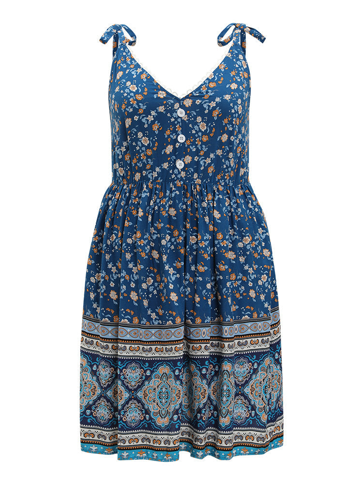 Boho Print Knot Lace Trim Pocket Cami Dress