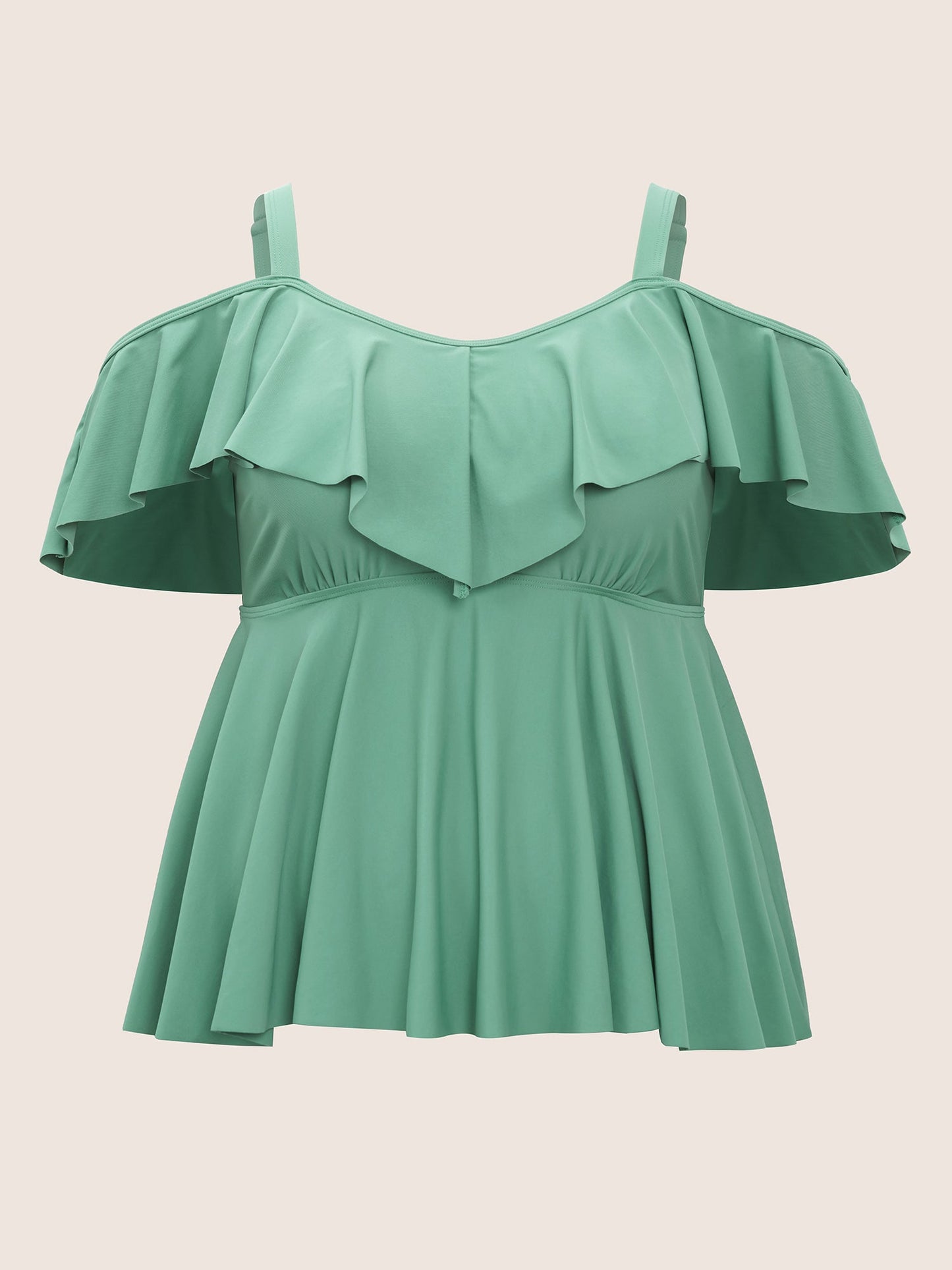 Plain Ruffle Trim Cold Shoulder Swim Top