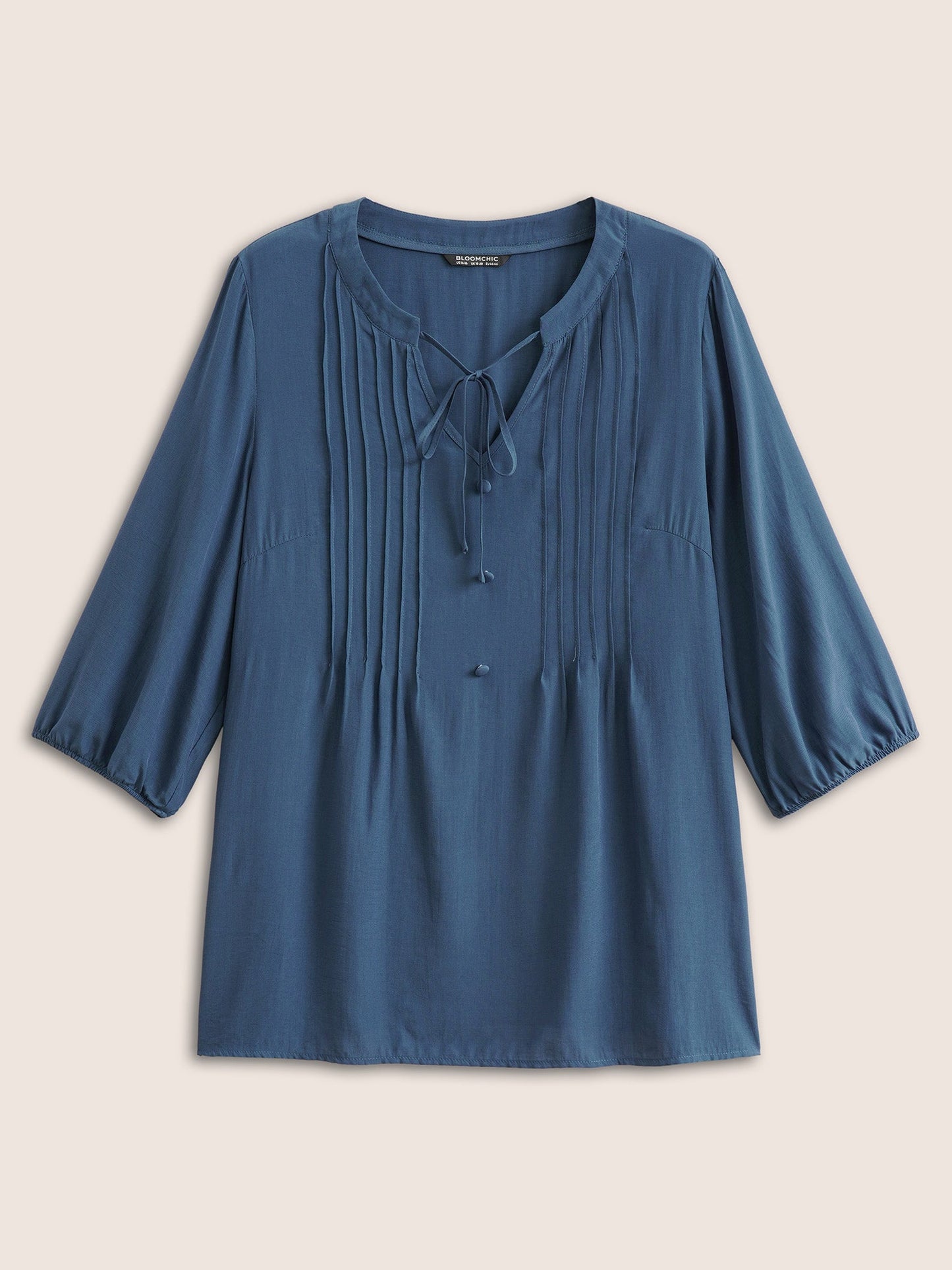 Plain Pleated Knot Neck Lantern Sleeve Blouse