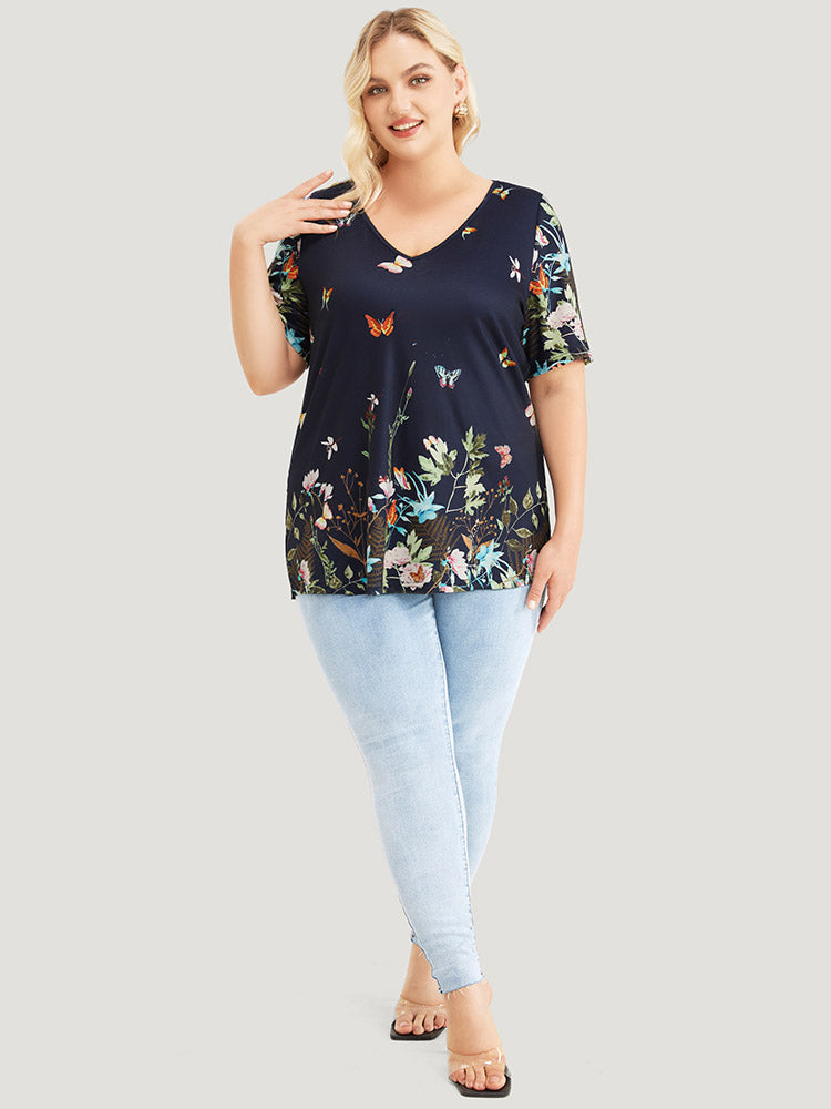 Butterfly & Floral Print Split Hem T-shirt