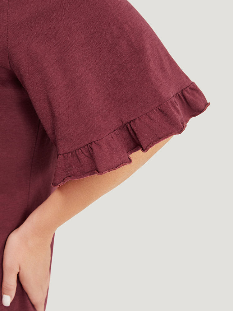 Solid Ruffle Trim Notched Neck T-shirt